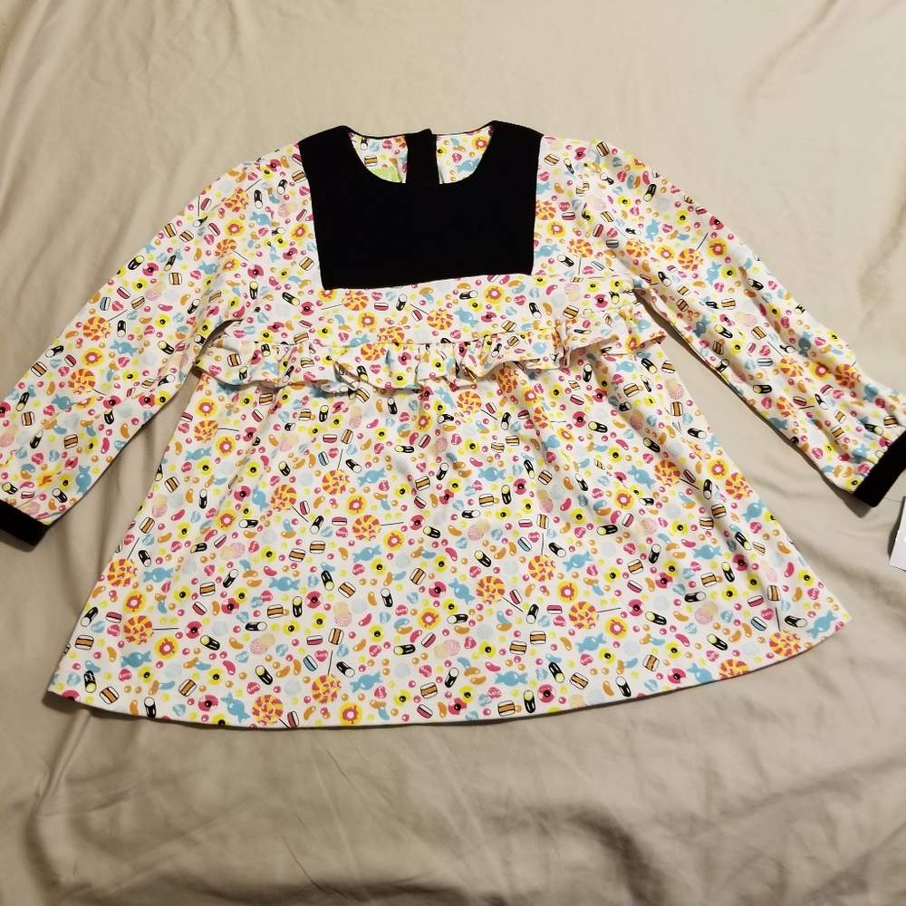 SnoPea Candy Print Velvet Trim Long Sleeve Ruffle Waist A-Line Dress NWT